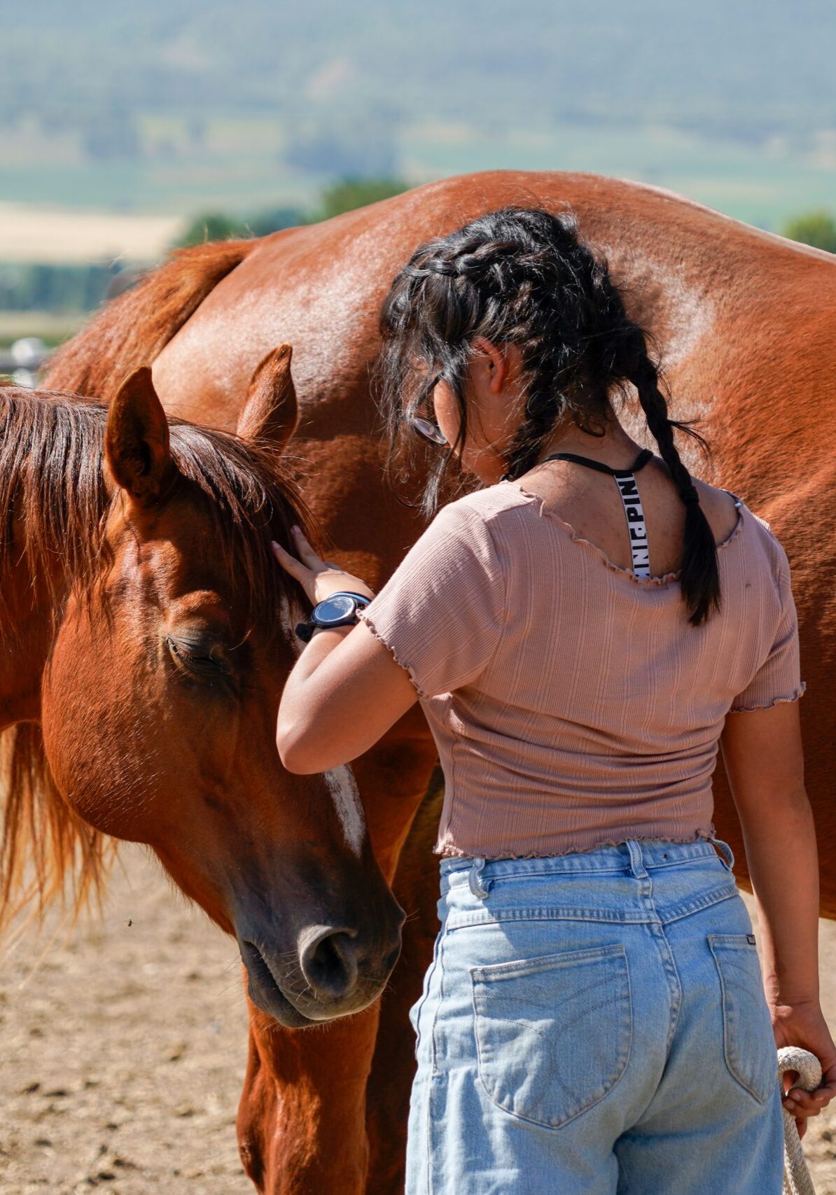 student bonds with their horse in our outdoor arena